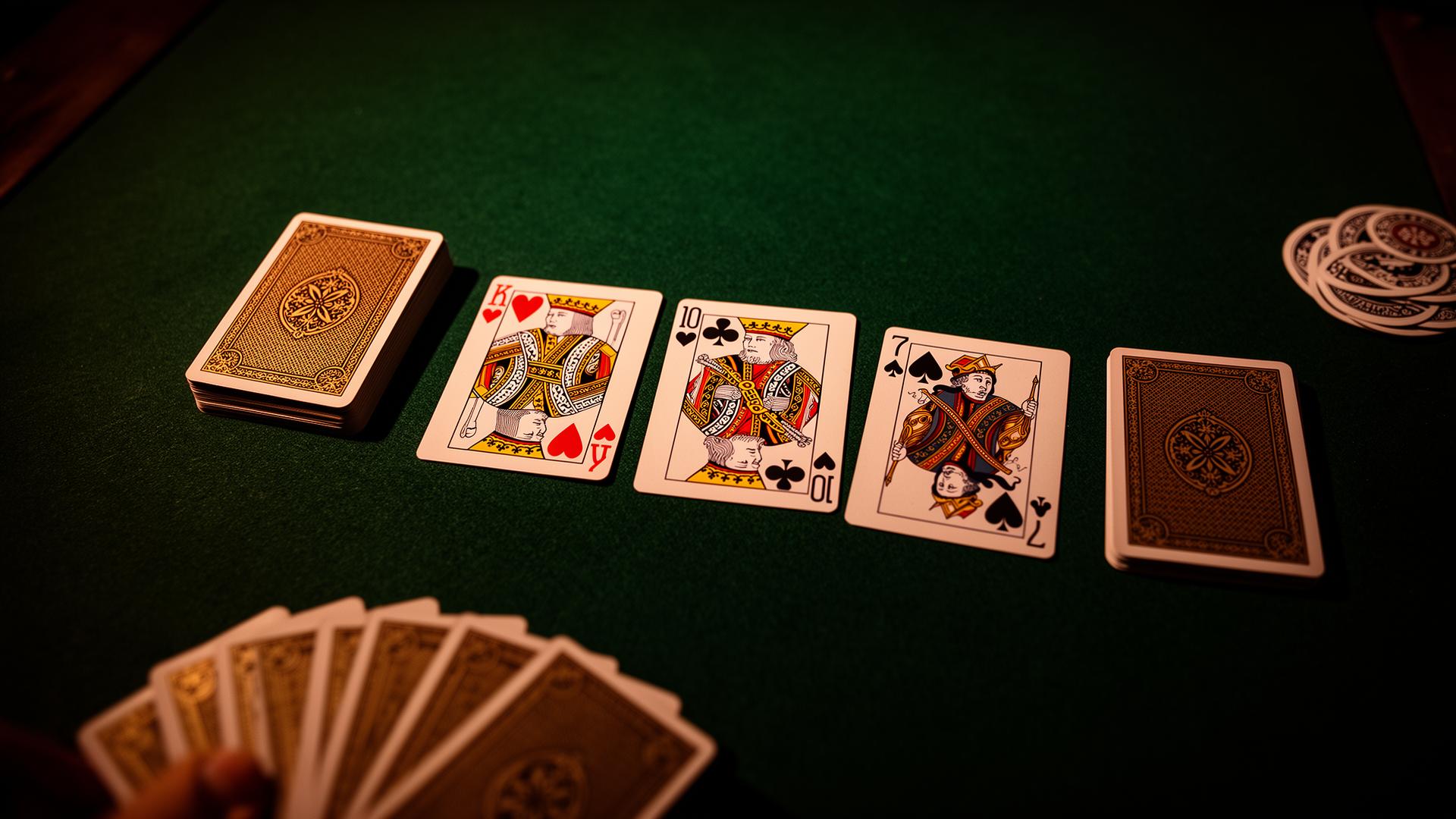 Overhead view of a card game on green felt, with a deck, four face-up cards, and a fan in hand
